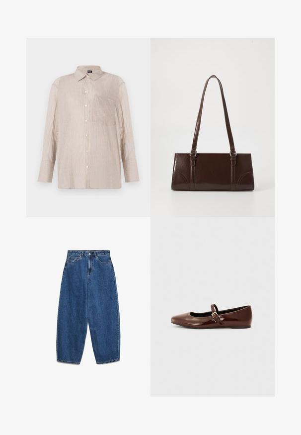 Chemise à rayures beige avec des lignes blanches et bleues, dotée d'un col et d'une poche poitrine ; manches longues avec poignets boutonnés.; Jean en denim bleu avec taille haute, coupe décontractée et jambes droites. Design classique à cinq poches avec fermeture éclair et bouton.; Ballerine en cuir verni marron avec un bout carré et une lanière ornée d'une petite boucle dorée. Texture lisse, talon bas et design minimaliste.; Sac à main en cuir verni marron de forme rectangulaire, avec deux longues poignées et des accents courbés subtils à l'avant.