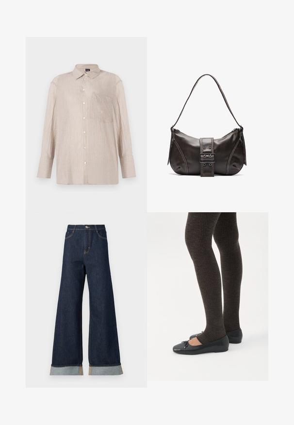 Gestreifte Hemdbluse in Beige mit weißen und blauen Linien, mit Kragen und Brusttasche; lange Ärmel mit knöpfbaren Manschetten.; weit geschnittene dunkelblaue Denim-Jeans mit orangefarbenen Nähten, hohen Bund, zwei vorderen Taschen und umgeschlagenen Säumen, die einen hellblauen Kontraststoff zeigen.; Beine in dunklen, gerippten Leggings kombiniert mit schwarzen Ballerinas mit kleinen Schleifendetails auf weißem Hintergrund.; Braune Lederumhängetasche mit gebogener Form, die mit einem auffälligen Schnallendetail, kontrastierenden Nähten und einem einzigen Schulterriemen ausgestattet ist.