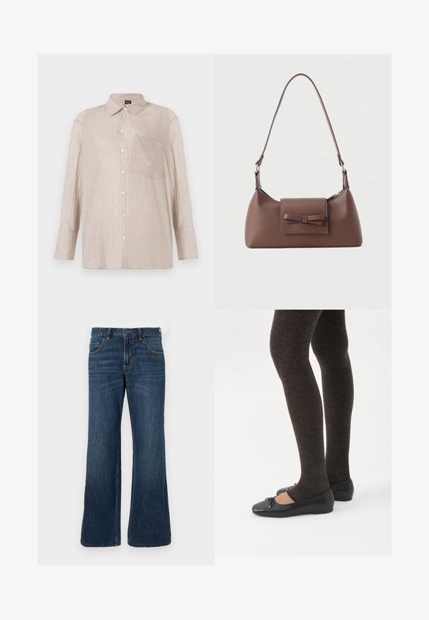 Gestreept overhemd in beige met witte en blauwe lijnen, met een kraag en een borstzak; lange mouwen met knoopsluiting.; Donkerblauwe wijde jeans met klassiek ontwerp met vijf zakken, voorzien van een knoopsluiting en subtiele vervaging. Gemaakt van denimstof.; Benen met donkere geribbelde leggings gecombineerd met zwarte ballerina's met kleine strikdetails op een witte achtergrond.; Bruine leren schoudertas met een voorvak met klep en een gestikte strikdetail en een verstelbare band.