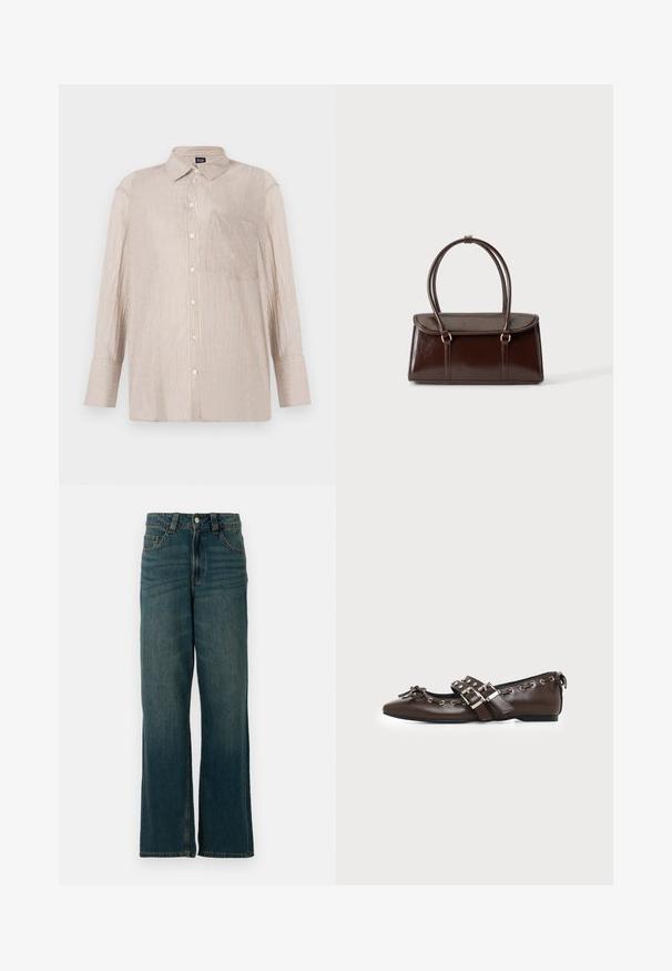 Gestreifte Hemdbluse in Beige mit weißen und blauen Linien, mit Kragen und Brusttasche; lange Ärmel mit knöpfbaren Manschetten.; Blaue Denim-Jeans mit geradem Bein, fünf Taschen und Knopfverschluss, auf weißem Hintergrund präsentiert.; Dunkelbrauner flacher Lederschuh mit spitzer Spitze, doppelten silbernen Schnallenriemen, Metallösen und dekorativer Schleife vorne.; Dunkelbraune glänzende Lederhandtasche mit einem strukturierten rechteckigen Körper und zwei langen, abgerundeten Griffen vor einem schlichten hellen Hintergrund.