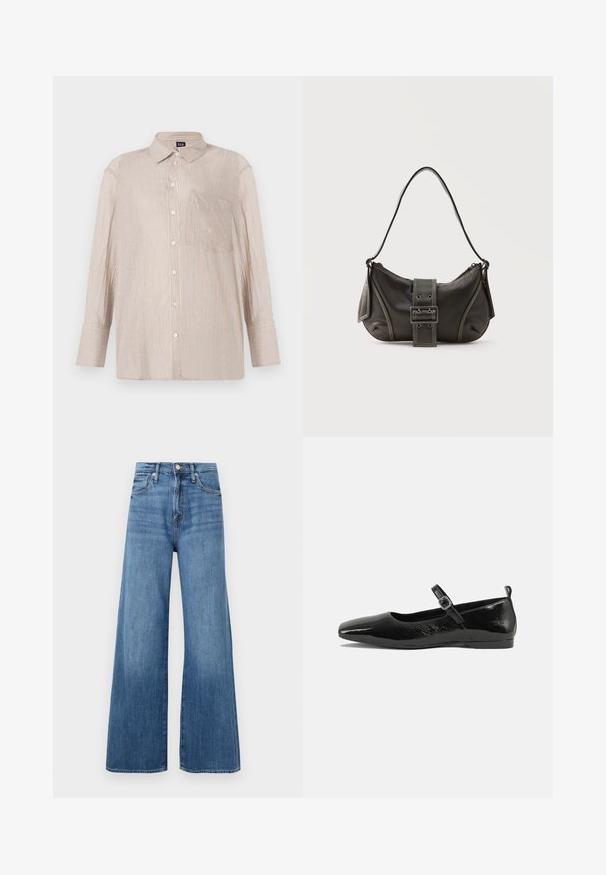 Gestreept overhemd in beige met witte en blauwe lijnen, met een kraag en een borstzak; lange mouwen met knoopsluiting.; Blauwe high-waisted wijde jeans met knoop- en ritsluiting, voorzakken en subtiele vervaging op de stof.; Zwarte patenten leren ballerina met een spitse neus, een enkelbandje met een gesp en een gladde, glanzende textuur. Lage hak voor comfort.; Zwarte leren schoudertas met gespsluiting aan de riem, afgeronde hoeken en contrasterende witte stiksels op een effen achtergrond.