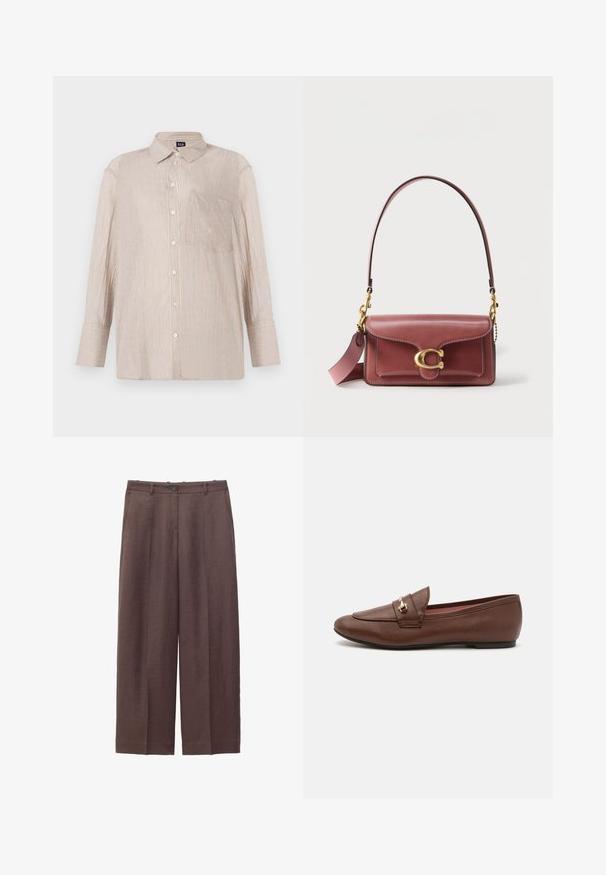 Camisa de botones a rayas en beige con líneas blancas y azules, con cuello y un bolsillo en el pecho; mangas largas con puños abotonados.; Pantalones marrones de pierna ancha con trabillas para cinturón, botón delantero, cierre de cremallera y bolsillos laterales.; Mocasines de cuero marrón con suela plana, que cuentan con un acento decorativo de hebilla dorada y una textura suave, diseñados para la comodidad y facilitar su uso.; Bolso de cuero en rosa intenso, con cierre de solapa, herrajes dorados prominentes y costuras contrastantes. Incluye asa corta.