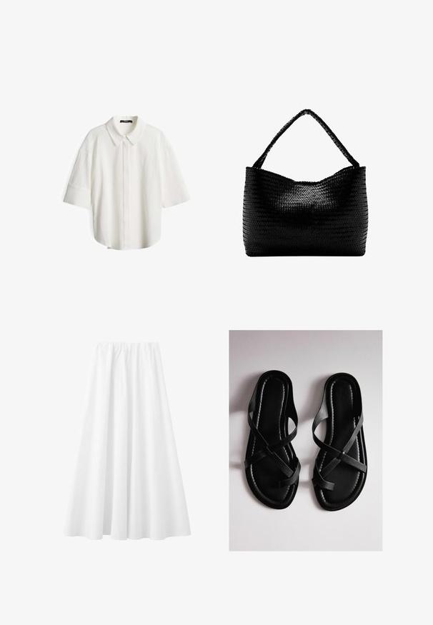 Witte, kortmouwige shirt met een kraag. Gelaagd materiaal met een subtiele kreukeldesign en een relaxte pasvorm. Voorlijn met knoopsluiting.; Lange witte rok met een elastische tailleband en vloeiende stof die tot aan de zoom reikt.; Een paar zwarte platte sandalen met gekruiste bandjes op een lichte achtergrond van bovenaf gezien.; Zwarte geweven handtas met een enkele gevlochten hengsel, rechthoekige vorm en glanzend gestructureerd oppervlak.