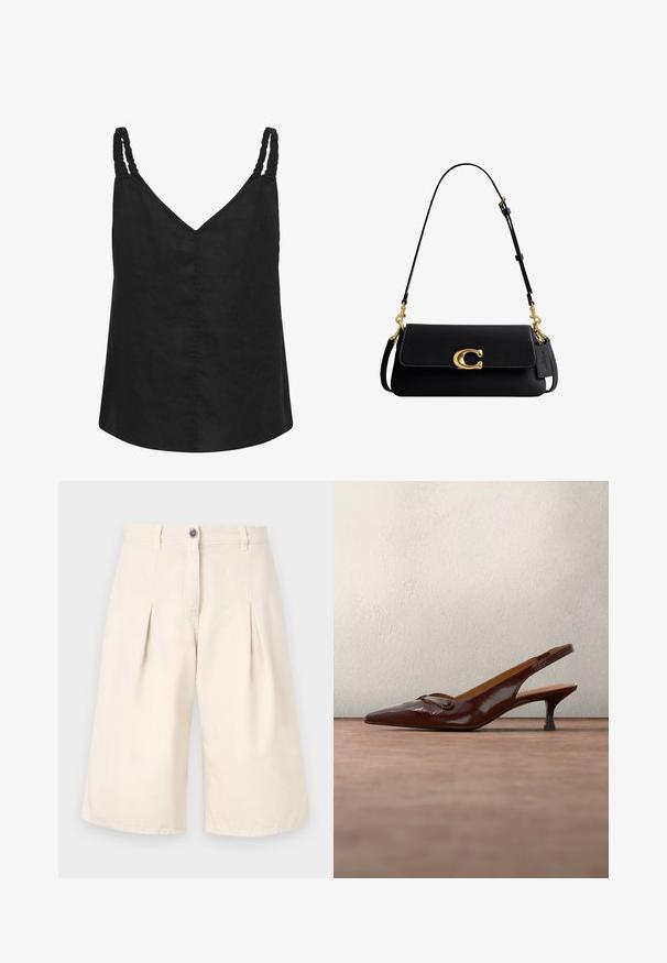 Haut noir sans manches avec col en V et bretelles froncées, en tissu léger.; Shorts plissés beiges en coton. Dotés d'une fermeture à bouton et de jambes larges. Texture lisse avec des détails de couture soignés.; Escarpin slingback en cuir verni marron foncé avec bout pointu, petit talon kitten bas et petite boucle décorative sur le dessus.; Sac à épaule en cuir noir avec fermoir doré en forme de "C", sangle réglable et petite étiquette en cuir attachée sur le côté.