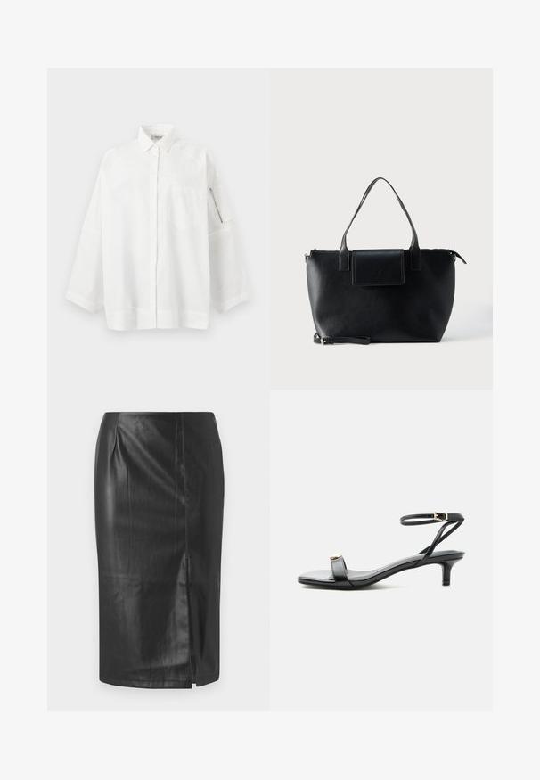 Chemise blanche surdimensionnée à boutons avec col, poche sur la poitrine gauche et poche zippée sur la manche gauche, sur un fond uni.; Jupe crayon en cuir noir au design épuré, dotée d'une fente sur le côté et d'une texture lisse, adaptée pour une tenue formelle ou décontractée.; Sandale noire en cuir à bout ouvert avec petit talon kitten, fine bride de cheville avec boucle dorée et accent décoratif doré sur la bride avant.; Sac cabas en cuir noir avec deux poignées, une bandoulière amovible, une fermeture à rabat magnétique et une texture lisse. Fermeture supérieure zippée et surpiqûres décoratives.