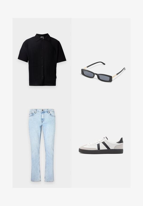 Sort kortærmet skjorte med ribbet struktur, klassisk krave, frontknapper og lige kant. Ingen synlige mønstre eller detaljer.; Lysblå denimjeans med lige ben, der har en knaplukning, fem lommer og diskret falmning for tekstur.; Hvide sneakers med sorte og grå detaljer, med en tekstureret grå tåhætte, sort gummisål og flade hvide snørebånd. Rent design, minimalistisk stil.; Rektangulære sorte solbriller med mørke linser. Slanke, flade arme har en guldfarvet detalje. Glat plastisk ramme med mat finish.