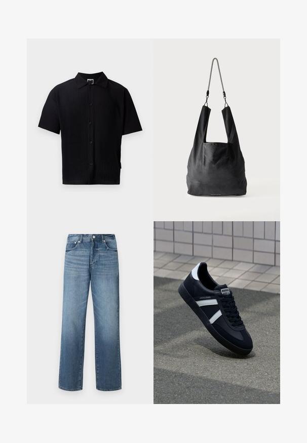 Schwarzes Kurzarmhemd mit gerippter Textur, klassischem Kragen, Vorderknöpfen und geradem Saum. Keine sichtbaren Muster oder Akzente.; Blaue Denim-Jeans mit geradem Bein, ausgestattet mit einer verwaschenen Optik, Gürtelschlaufen, fünf Taschen und einem klassischen Knopfverschluss.; Schwarze Leder-Sneaker mit weißen Streifen, strukturiertem Gummisohle und Schnürung. Verfügt über ein Markenetikett auf der Zunge.; Schwarze weiche Stofftragetasche mit breiten Griffen und einem dünnen schwarz-weißen geflochtenen Schulterriemen.