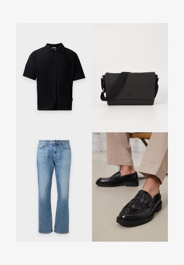 Sort kortærmet skjorte med ribbet struktur, klassisk krave, frontknapper og lige kant. Ingen synlige mønstre eller detaljer.; Lyseblå denim jeans med et lige ben-design, der har forsænket knaplukning, fem lommer og slidte områder for tekstur.; Sorte lædermokkasiner med en glat overflade, der har en dekorativ rem og kontraststing, parret med beige bukser.; Lacoste MESSENGER BAG MEN CLASSIC - Skuldertasker - noir