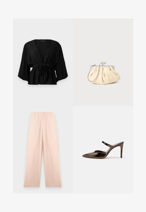 Blusa negra de tejido ligero, con un profundo escote en V, mangas anchas, un lazo en la cintura y un dobladillo acampanado.; Pantalones anchos beige con cintura elástica, textura suave y sin bolsillos visibles, exhibidos planos sobre un fondo blanco.; Mule de tacón alto de punta estrecha de color marrón oscuro brillante con una tira delgada sobre el empeine sobre un fondo blanco liso.; Clutch de cuero beige plisado con un marco de metal plateado, que cuenta con dos broches decorativos redondos y una correa de cadena plateada.