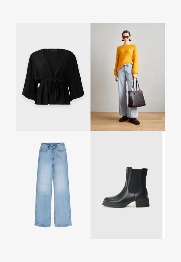 Sort bluse lavet af letvægtsstof, med en dyb V-hals, brede ærmer, et bånd i taljen og en udvidet kant.; Lyseblå, vide denimbukser med klassisk fem-lomme-design, der har en knap- og lynlås lukning samt diskrete falmende detaljer.; Sort læder ankelstøvle med elastiske sidepaneler, rund tå og en lav blokhæl. Overfladen har en glat struktur og minimal detaljer.; Orange striktrøje, lyseblå brede bukser, sort læder tote taske og kraftige sorte platform sko. Minimalistisk design, blød tekstur.