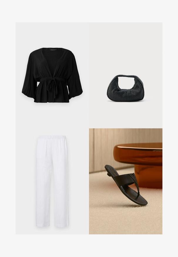 Blouse noire en tissu léger, avec un décolleté en V profond, des manches larges, un lien à la taille et un ourlet évasé.; ASPESI PANTALONE - Pantalon classique - white; Sandale en cuir noir avec talon bas flottant au-dessus d'un tapis beige près d'une table ronde marron dans un cadre intérieur minimaliste.; Sac hobo tissé noir avec une structure souple et une poignée intégrée, présenté sur un fond clair uni.