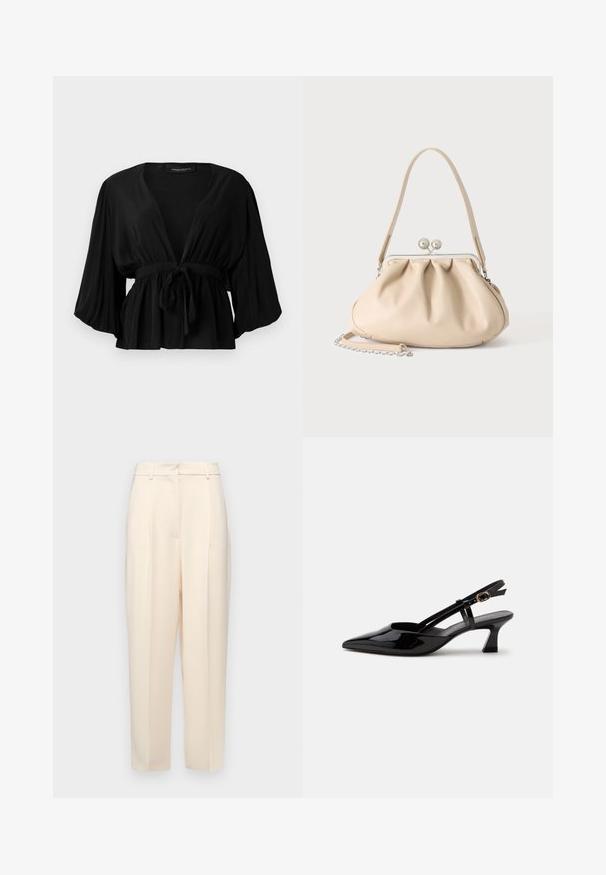 Blouse noire en tissu léger, avec un décolleté en V profond, des manches larges, un lien à la taille et un ourlet évasé.; Pantalons beiges ajustés à coupe droite, avec des plis à l'avant, une texture lisse et une taille mi-haute. Pas de poches visibles.; Chaussure slingback en cuir verni noir à petit talon, bout pointu et bride réglable avec boucle dorée sur fond blanc.; Sac à main en cuir souple beige avec un fermoir en métal argenté, une bandoulière simple et une bandoulière chaîne optionnelle sur fond blanc.