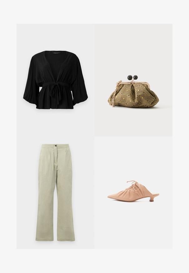 Blusa negra de tejido ligero, con un profundo escote en V, mangas anchas, un lazo en la cintura y un dobladillo acampanado.; Pantalones de pierna ancha color verde claro, confeccionados en tejido suave, con cierre de botón en la parte frontal, pliegues y un dobladillo limpio.; Zueco de mujer de cuero beige con puntera puntiaguda, parte superior fruncida, cordón ajustable y tacón bajo de estilo kitten sobre fondo blanco.; Pequeño bolso de mano con patrón geométrico en dorado y negro, marco metálico dorado, cierre de bola negro y una corta correa de cadena dorada.