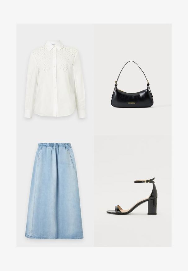 Chemise blanche à manches longues avec boutons, col pointu et motifs décoratifs découpés sur le haut devant et les épaules.; Jupe midi en denim bleu clair avec taille élastique et poches latérales, silhouette droite et détails subtils de coutures.; Sandale à talon haut en cuir verni noir avec bride à la cheville et boucle dorée, bout ouvert et talon bloc sur fond blanc.; Sac d'épaule en cuir noir avec fermeture éclair dorée et logo "LOVE MOSCHINO" sur le devant, doté d'une poignée supérieure incurvée.