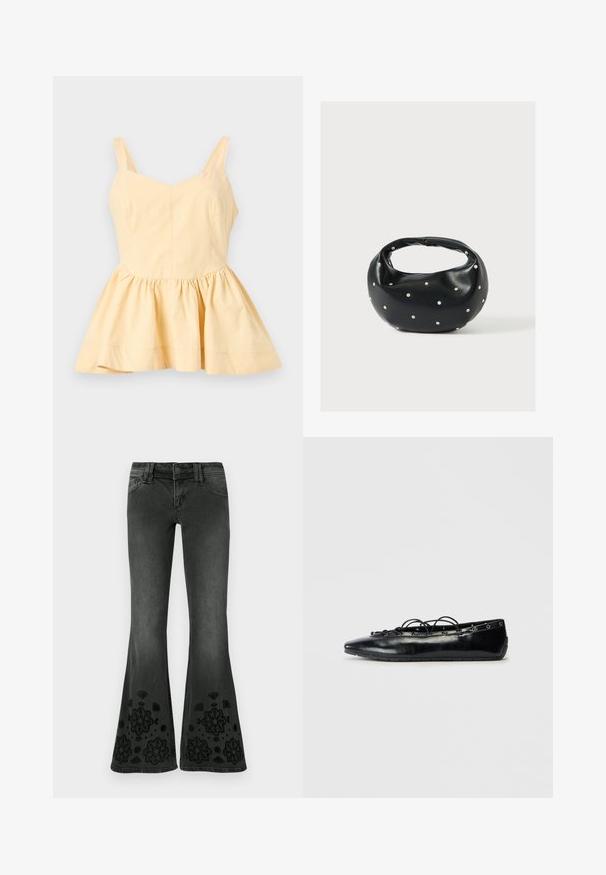 Haut sans manches jaune pâle avec larges bretelles et bas peplum froncé et évasé, présenté sur un fond blanc uni.; Jeans noirs évasés avec une finition délavée ; ornés de motifs floraux brodés en noir à l'ourlet ; tissu en denim à texture lisse.; Bottine plate noire à bout pointu avec un laçage à l'avant et des œillets le long des bords, présentée sur un fond blanc.; Sac à main en cuir noir de forme arrondie, décoré de clous argentés et équipé d'une poignée courte. Texture lisse et fermeture éclair.