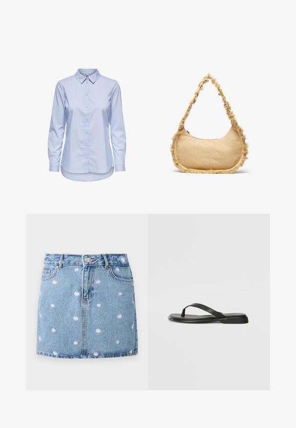 Chemise bleu à rayures, à col, à manches longues et à ourlet arrondi. Le tissu semble lisse et léger. Fermeture par boutons sur le devant.; Jupe en denim bleu clair ornée de motifs de fleurs blanches brodés, dotée de cinq poches et d'une fermeture à boutons, avec une coupe droite et mini.; Tongs noires en cuir lisse, avec un design de sangle fine et une semelle plate à profil minimal. Aucun motif ou accent notables.; Sac beige texturé de forme arrondie, avec un bord effiloché tout le long des bords et une courte sangle pour le porter. Ouverture zippée en haut.