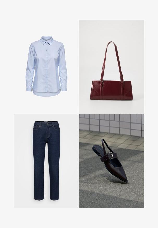 Chemise bleu à rayures, à col, à manches longues et à ourlet arrondi. Le tissu semble lisse et léger. Fermeture par boutons sur le devant.; Jean en denim bleu foncé avec un design à jambe droite, style cinq poches et coutures contrastées. Équipé d'un bouton en métal et d'un zip.; Chaussure plate à bout pointu marron foncé avec bride arrière, large sangle et grande boucle argentée sur l'asphalte près d'un mur carrelé.; Sac à main bordeaux en matériau brillant, de forme rectangulaire, avec deux anses et des accents légèrement courbés à l'avant.