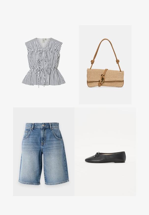 Stribet peplum top i hvid og sort. Har V-hals, samlet detalje og sløjfe accenter. Letvægtsstof med tekstureret finish.; Lysblå denimshorts med lige pasform, fem lommer og bronzefarvet hardware. Har en rå kant og en falmet vaskemæssig struktur.; Sort læder balletflade med en rund toe og en dekorativ sløjfe detalje. Designet har en glat tekstur og en lav, flad hæl.; Rektangulær vævet beige håndtaske med tanfarvet læderrem med knuder og en guldfarvet krogspænde på en ensfarvet baggrund.