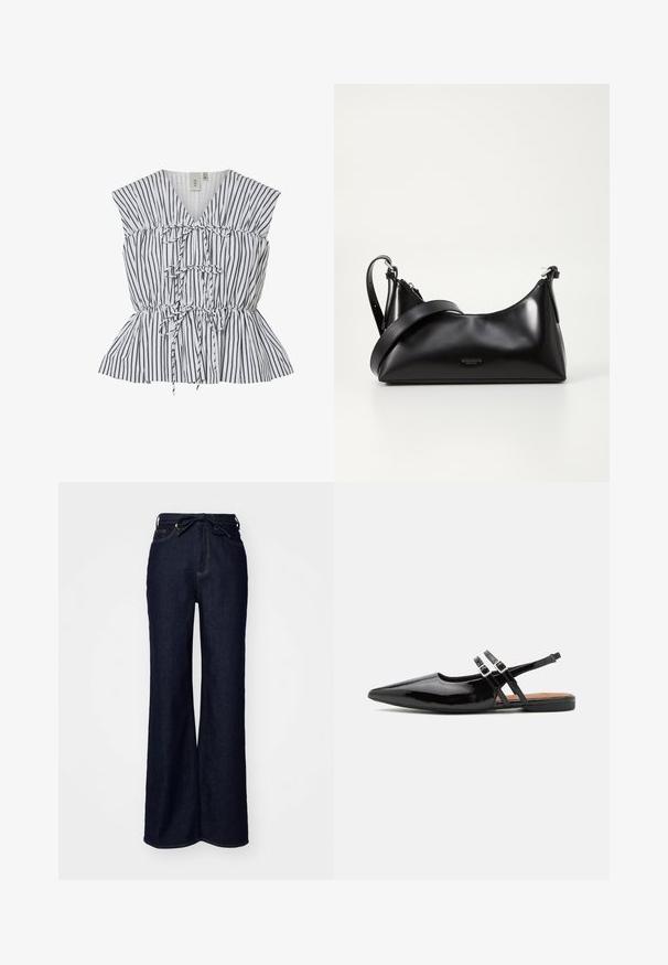 Haut peplum rayé en blanc et noir. Présente un décolleté en V, des détails froncés et des accents à nouer. Tissu léger avec une finition texturée.; Jean large en denim bleu foncé, avec une taille haute, des poches avant et une fermeture à lacer à la taille.; Des chaussures slingbacks en cuir verni noir présentent un bout pointu, deux sangles avec des accents de boucle, et une semelle plate.; Sac à main en cuir noir avec une texture lisse. Dispose d'une bandoulière adjustable et d'un design élégant et minimaliste avec une fermeture éclair.