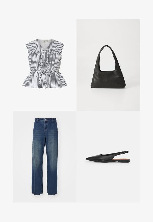Haut peplum rayé en blanc et noir. Présente un décolleté en V, des détails froncés et des accents à nouer. Tissu léger avec une finition texturée.; Jeans en denim bleu foncé avec une taille haute, une coupe large et des zones décolorées. Ils comprennent une fermeture à bouton et des passants de ceinture, avec une texture lisse.; Chaussure slingback en cuir noir avec un bout pointu, un léger éclat et une bride de cheville réglable. Talon plat avec une semelle intérieure marron.; Sac à main en cuir noir de forme triangulaire, avec une grande poignée découpée et des coutures détaillées le long des bords. Texture lisse.