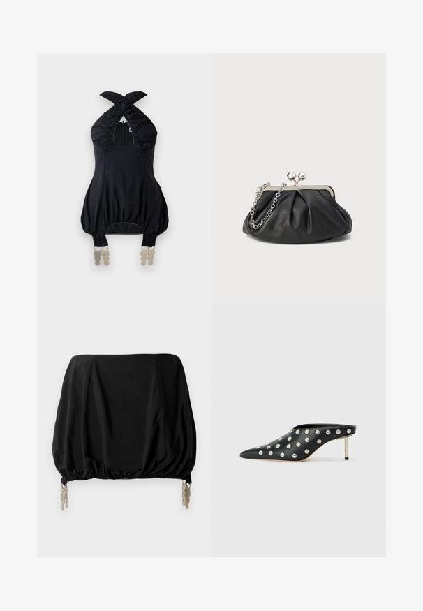 Sort halterneck-top med samlet stof, firkantet udskæring og elastiske detaljer. Har en lynlås foran og unikt dekorativt udstyr ved kanten.; Sort cropped top med en samlede design, med elastisk kant og metalliske clips som detaljer. Fremstillet af et letvægtsstof.; STAND STUDIO KELSEY - Mules med hæl - black; Sort læder clutch med samlet tekstur, sølvfarvet metalramme, kys-lås lukning og kædestrop. Glat, blød overflade.