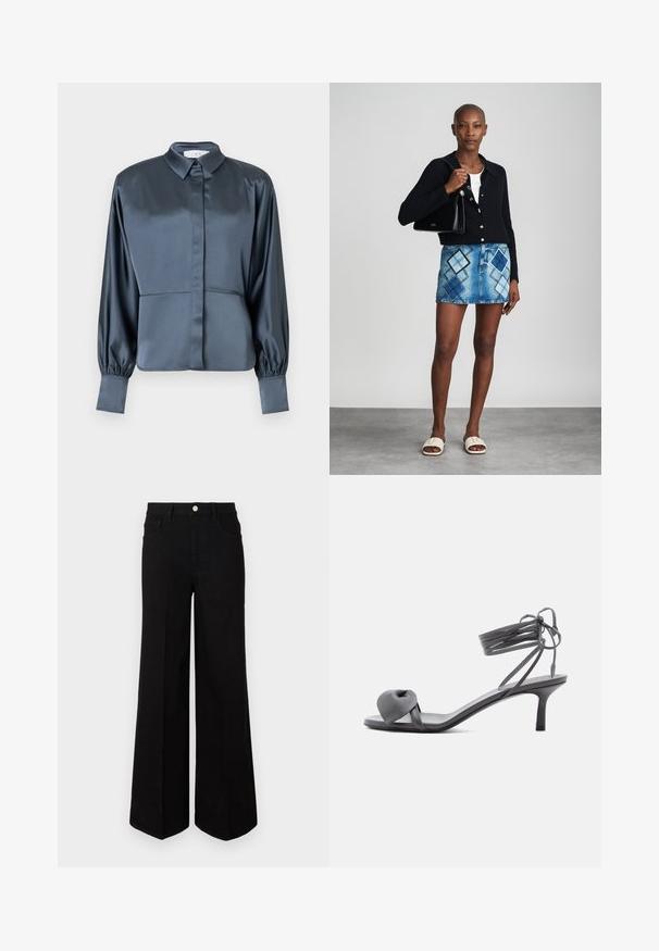 Blouse en satin gris foncé avec manches longues bouffantes, larges poignets et col pointu, dotée d'une patte de boutonnage dissimulée.; Jean large noir fabriqué dans un tissu robuste, avec une taille haute, des poches avant et une fermeture à bouton à l'avant. Ourlet plat en bas.; Sandale à talon en cuir gris avec une bride nouée sur les orteils et des lacets enroulants autour de la cheville, sur un talon moyen et fin, sur fond blanc.; Un cardigan en maille noir, un haut blanc, une jupe en denim avec un motif de diamants bleus et noirs, un sac à main noir et des sandales à enfiler beiges.