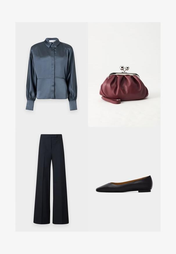 Blouse en satin gris foncé avec manches longues bouffantes, larges poignets et col pointu, dotée d'une patte de boutonnage dissimulée.; Pantalon large noir taille haute avec plis, fermeture avant dissimulée et taille cintrée.; Chaussure plate en cuir noir à bout pointu avec talon bas et finition lisse, vue de côté sur un fond gris clair.; Petit sac pochette en cuir bordeaux avec fermoir métallique argenté et bracelet sur fond blanc.