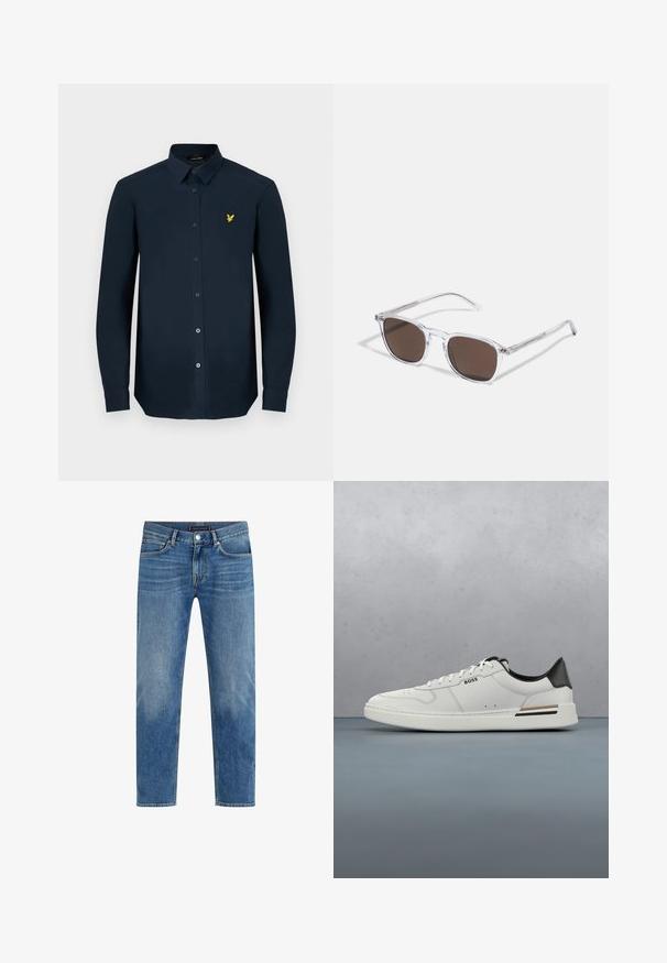 Mørkeblå langærmet skjorte lavet af glat stof, med en knaplukning fortil, spidse kraver, og et lille gult broderet logo på brystet.; Lysblå denimjeans med lige ben, falmet vask, fem-lomme design, kontraststikning og lukning med knap foran.; Hvide lavtoppede sneakers med sort hæl, snørebånds lukning, subtile perforeringer og "BOSS" logo på siden, vist fra ydersiden i profil.; Klare plastik solbriller med rektangulære brune linser, med tynde, transparente stænger og metal accenter på templerne.