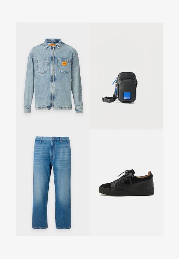 Lys blå denimjakke med fuld frontlynlås, to brystlommer og et lille orange Replay Inc. label på højre lomme og krave.; Lys blå denimbukser med lige pasform, fem lomme-design, knaplukning og subtil falmning på forsiden. Ingen synlige mønstre.; Giuseppe Zanotti DOUBLE ZIP - Sneakers - black; Lille sort læder crossbody-taske med blå lynlåstræk og en blå logopatch med teksten "KARL LAGERFELD JEANS" på frontlommen.