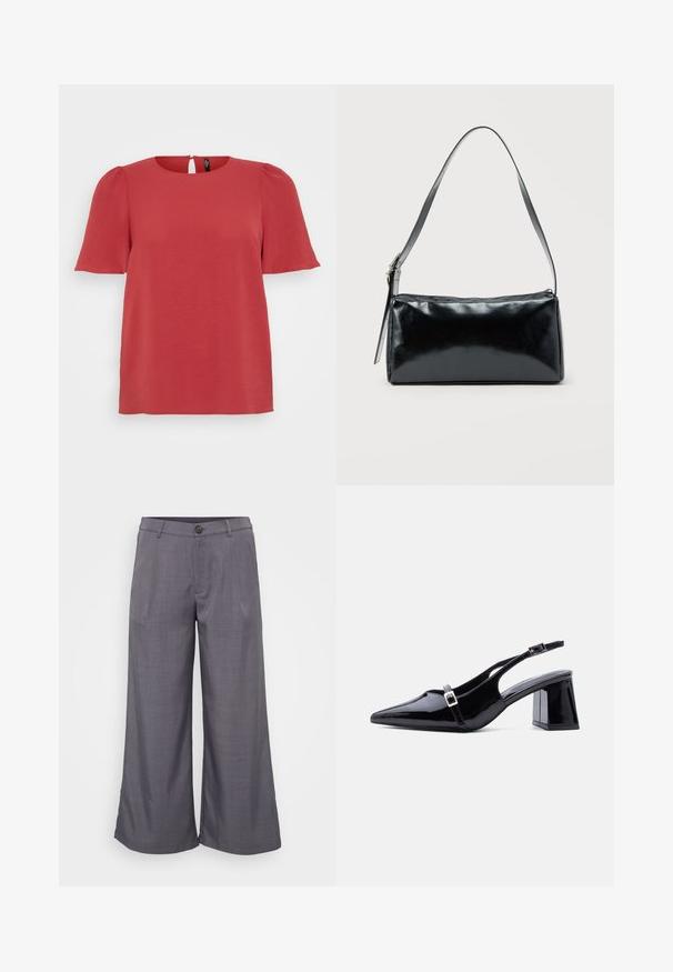 Haut rouge à manches courtes avec un col rond et un dos à détail de trou de serrure. Il présente un tissu texturé et une coupe décontractée, idéale pour une tenue décontractée.; Pantalons larges gris en tissu lisse, avec une fermeture par bouton à l'avant, des plis et une coupe décontractée jusqu'à la cheville.; Escarpin à bride arrière en cuir verni noir, bout pointu, petit talon bloc bas, avec deux petites boucles argentées sur les brides.; Sac d'épaule rectangulaire noir avec une sangle réglable unique et une fermeture éclair supérieure sur un fond uni.