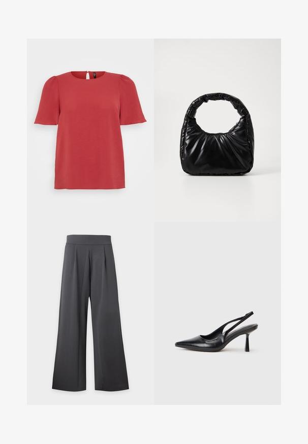 Haut rouge à manches courtes avec un col rond et un dos à détail de trou de serrure. Il présente un tissu texturé et une coupe décontractée, idéale pour une tenue décontractée.; Pantalon taille haute à jambes larges gris foncé avec plis à l'avant et ceinture lisse, présenté sur un fond clair.; Chaussure à talon haut en cuir noir, à bride arrière, avec un bout pointu et un talon fin sur fond blanc.; Sac à main noir rembourré avec une poignée arrondie, présentant une surface lisse et brillante ainsi qu'une texture douce et matelassée. Pas de quincaillerie ou d'accents visibles.