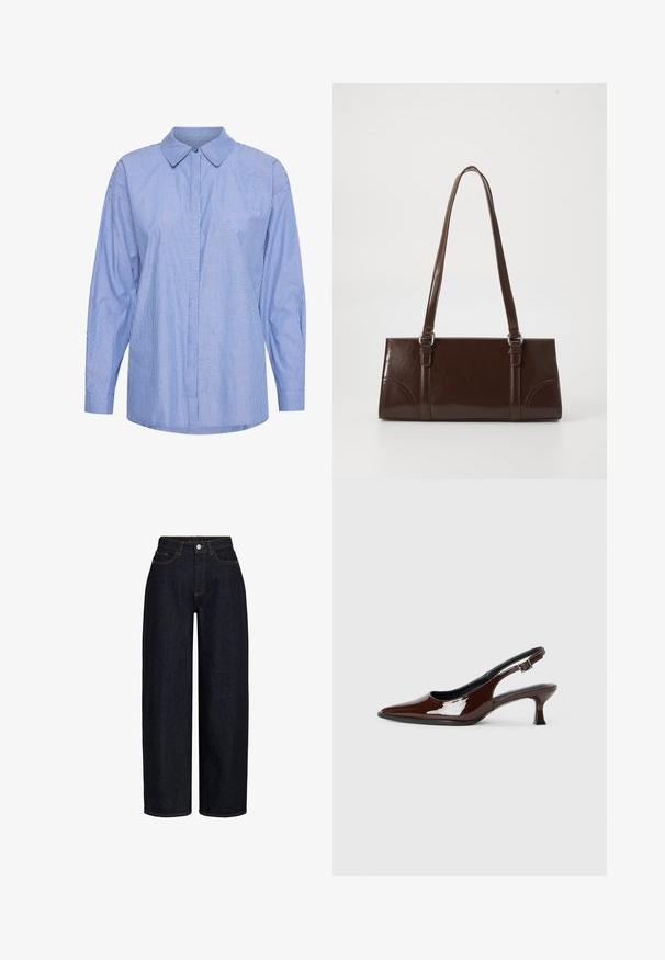 Chemise à manches longues en coton, avec un motif rayé bleu et blanc, un col classique, une fermeture à boutons sur le devant et une coupe décontractée.; Jean large en denim foncé à taille haute, avec poches avant, fermeture éclair et détails de couture contrastants. Texture lisse.; Escarpins à bride arrière en cuir verni marron, avec un bout pointu, une fine bride autour de la cheville et un talon bas évasé. Texture lisse et brillante.; Sac à main en cuir verni marron de forme rectangulaire, avec deux longues poignées et des accents courbés subtils à l'avant.