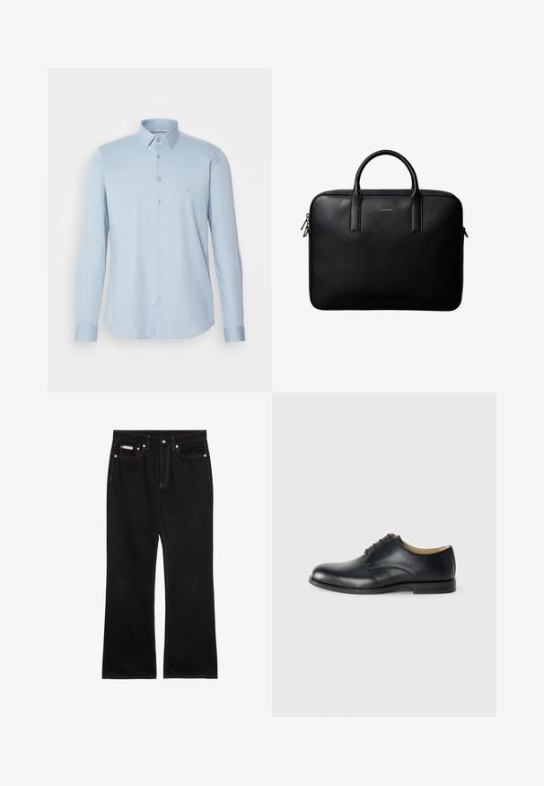 Chemise à manches longues bleu clair, en tissu lisse, avec un col classique et un petit logo brodé sur la poitrine.; Jean noir droit avec coutures orange, cinq poches, fermeture par bouton, et une petite étiquette Calvin Klein sur la poche avant droite.; Calvin Klein ESS DERBY - Derbies - triple black; Mallette en cuir noir texturé avec double poignées et tirettes de fermeture éclair argentées, centrée sur fond blanc.