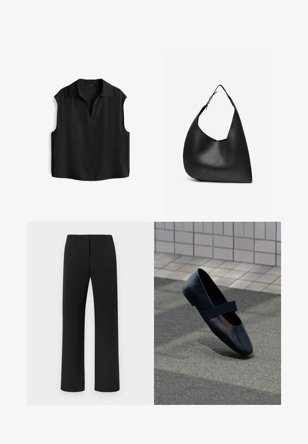 Schwarze ärmellose Bluse mit Kragen, mit V-Ausschnitt und weichem, strukturiertem Stoff. Lockere Passform und gerader Saum.; Schwarze Hose mit geradem Bein, glatter Textur, verdecktem vorderem Verschluss und zwei Vordertaschen.; Schwarze Leder-Ballerina mit runder Zehenpartie, ausgestattet mit einem weichen schwarzen Elastikband über dem Vorderfuß. Glatte Textur und minimalistisches Design.; Schwarze Leder-Schultertasche mit geschwungener dreieckiger Form, einem verstellbaren Einzelriemen und sichtbarer diagonaler Naht auf der Vorderseite.
