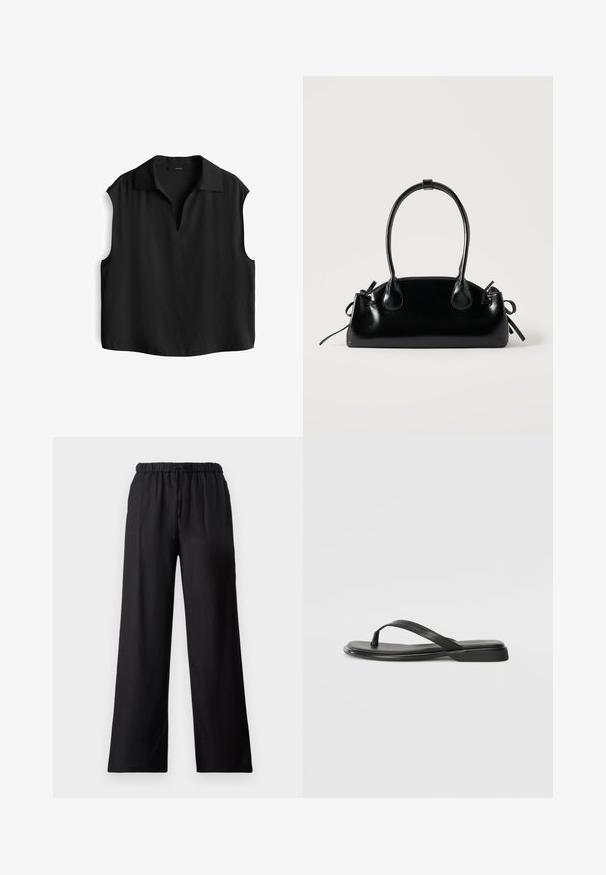 Schwarze ärmellose Bluse mit Kragen, mit V-Ausschnitt und weichem, strukturiertem Stoff. Lockere Passform und gerader Saum.; Schwarze weite Hosen aus leichtem Stoff, mit einem elastischen Bund und einem Kordelzug sowie einer glatten Textur.; Schwarze Flip-Flops aus glattem Leder, mit einem dünnen Riemendesign und einer flachen Sohle mit minimalem Profil. Keine bemerkenswerten Muster oder Akzente.; Kleine schwarze glänzende Handtasche mit zwei langen Griffen und seitlichen Kordelzug-Details vor einfachem hellem Hintergrund.