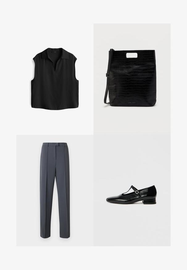 Schwarze ärmellose Bluse mit Kragen, mit V-Ausschnitt und weichem, strukturiertem Stoff. Lockere Passform und gerader Saum.; Grau, maßgeschneiderte Hosen mit geradem Schnitt, plisziertem Vorderteil und glatter Textur. Der Bund verfügt über Gürtelschlaufen für eine verstellbare Passform.; Schwarze Mary Jane Schuhe aus Leder mit spitzer Spitze, kleinem Blockabsatz und verstellbarem Riemen mit silberner Schnalle. Glatte, glänzende Textur.; Schwarze Kunstleder-Tasche mit Krokodilmuster, rechteckiger Form, ausgeschnittenem Obergriff und abnehmbarem Schulterriemen. Markenlogo sichtbar.