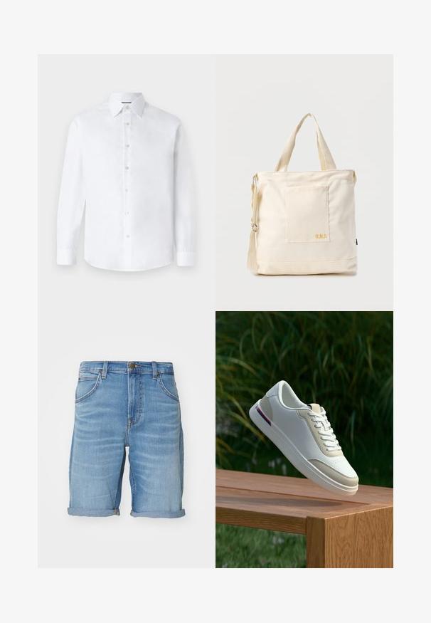 Valge pikkade varrukate ja klassikalise kraega särk, millel on nööpidega esitasku ja ümar hem. Valmistatud siledast puuvillakangast, ilma mustriteta.; Heledad sinised denim lühikesed püksid, millel on mugav lõige, rullitud ääred, esipockets ning klassikaline viie taskuga disain kontrastsete õmblustega.; Valge nahast toss, beežide detailidega, sileda tekstuuriga, ümarate varvaste ja nööritava kinnitusega. Omab peeneid perforatsioone ning värvilist kontsa triipu.; Kreemjas lõuendist käekott esiosa taskuga, kahe käepidemega, reguleeritava õlarihmaga ja väikese kollase "O.N.S" tekstiga tasku all paremal.