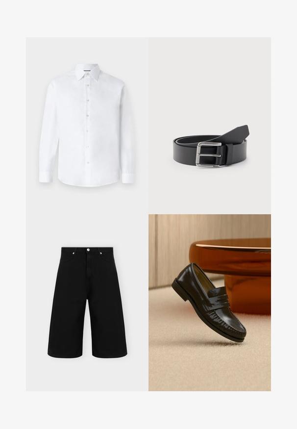 Weißes Langarmhemd mit klassischem Kragen, durchgehendem Knopfverschluss und abgerundetem Saum. Hergestellt aus glattem Baumwollstoff ohne Muster.; Schwarze Jeans-Shorts mit weitem Bein, Vordertaschen, Gürtelschlaufen und silbernem Knopfverschluss auf einfachem hellem Hintergrund.; Glänzender schwarzer Leder-Loafer mit einem Riemendetail, auf einem beigen Teppich neben einem runden braunen Couchtisch in einem sanft beleuchteten Raum platziert.; Schwarzer Ledergürtel, zusammengerollt mit silberner rechteckiger Metallschnalle, auf der "BOSS" eingraviert ist, vor hellem grauem Hintergrund.