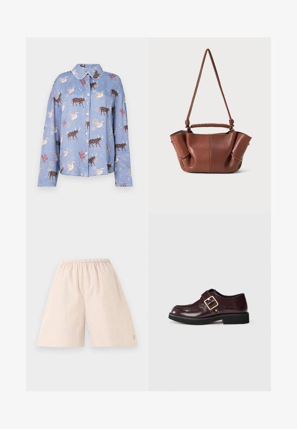 Chemise à manches longues bleu clair avec un motif de taureaux bruns, de cygnes et d'éléments célestes ; fermeture par boutons et col contrasté.; Short beige et blanc à rayures verticales, coupe ample, taille élastique, longueur au genou, présenté à plat sur fond blanc.; Mocassin en cuir bourgogne avec grande boucle dorée, semelle noire et détails de couture sur un fond blanc uni.; Sac à main en cuir marron avec une poignée tressée et une bandoulière réglable. Présente des côtés doucement pliés et des accents de couture visibles.