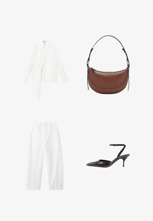 Chemise blanche à manches longues avec col pointu et détail de nouage asymétrique en tissu sur le côté gauche.; Jean blanc à taille haute, coupe droite, avec poches avant, passants pour ceinture et fermeture par bouton.; Escarpin slingback marron écaille à bout pointu avec fine bride à la cheville et talon kitten.; Sac à bandoulière en cuir marron en forme de croissant avec une sangle réglable et des détails en métal doré sur fond blanc.