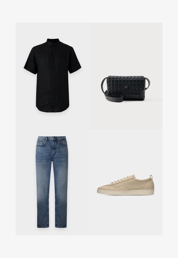 Chemise noire à manches courtes en lin, avec un col standard, un devant à boutons, un ourlet incurvé et une texture lisse.; Jean en denim bleu avec une coupe droite, cinq poches, une fermeture à bouton en métal et un léger délavage sur les cuisses. Détail de surpiqûre classique sur l'ensemble.; Baskets beige basses avec tige en tissu et daim, lacets blancs, semelle en caoutchouc et languette à l'arrière, présentées en profil latéral sur fond blanc.; Sac bandoulière noir texturé avec une fermeture à rabat et un petit logo en métal sur le devant, présenté sur un fond uni.