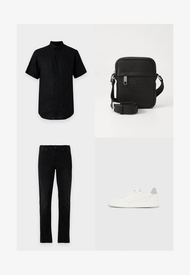 Chemise noire à manches courtes en lin, avec un col standard, un devant à boutons, un ourlet incurvé et une texture lisse.; Jeans en denim noir avec une coupe droite, style cinq poches et une taille standard, dotés de détails de couture subtils.; Baskets basses blanches avec un onglet de talon gris, des lacets blancs et une semelle texturée, présentées sur un fond uni clair.; Sac en cuir noir à bandoulière avec logo embossé, quincaillerie en métal argenté, forme rectangulaire, sangle ajustable et surface texturée.