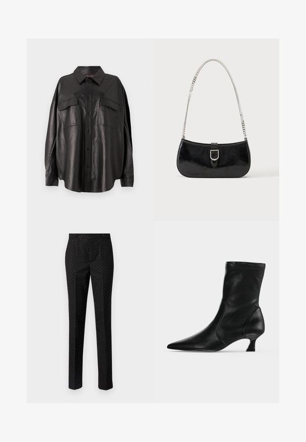 Camisa de cuero negro con cierre de botones en el frente, cuello puntiagudo y dos bolsillos en el pecho. Presenta un ajuste holgado y una textura suave.; Pantalones negros de ajuste slim, con un sutil patrón de lunares blancos, dos bolsillos delanteros y una textura de tela suave.; Bota negra de cuero hasta media pantorrilla con puntera puntiaguda y tacón bajo tipo kitten, vista de lado sobre un fondo claro y liso.; Bolso de hombro de charol negro con detalle de hebilla plateada y correa de cadena plateada, presentado sobre un fondo liso y claro.