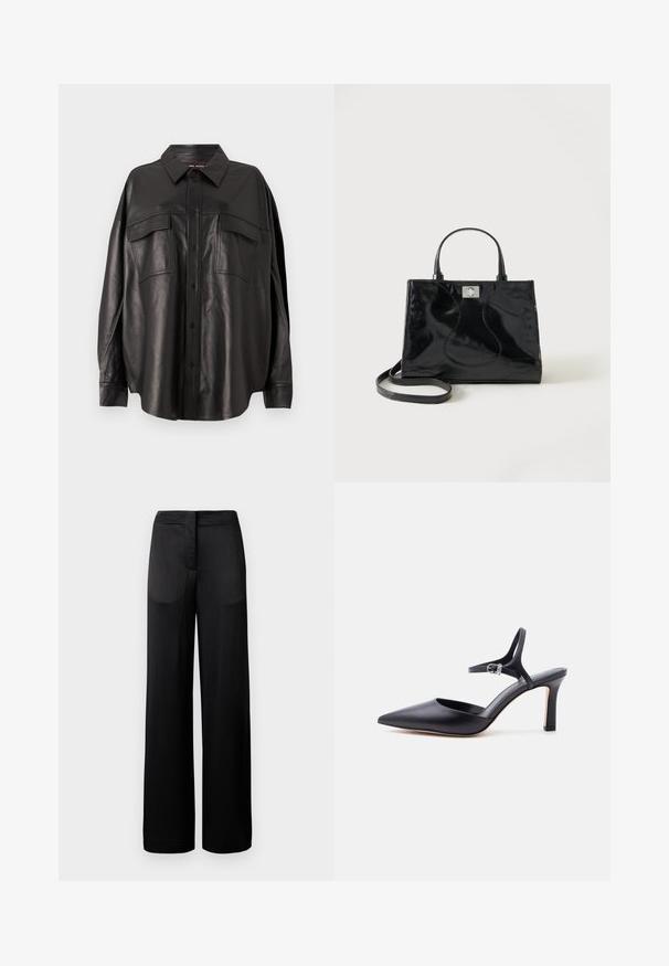 Chemise en cuir noir avec un devant à boutons, un col pointu et deux poches poitrine. Elle présente une coupe ample et une texture lisse.; Pantalons noirs à jambes larges avec une surface texturée, dotés d'une taille plate et de deux poches latérales. Le tissu semble léger et fluide.; Escarpin noir à bout pointu avec fine bride à la cheville et boucle argentée, finition en cuir lisse, chaussure élégante pour femme.; Sac à main en cuir verni noir avec poignées arrondies, bandoulière détachable et fermeture à boucle argentée sur fond blanc uni.
