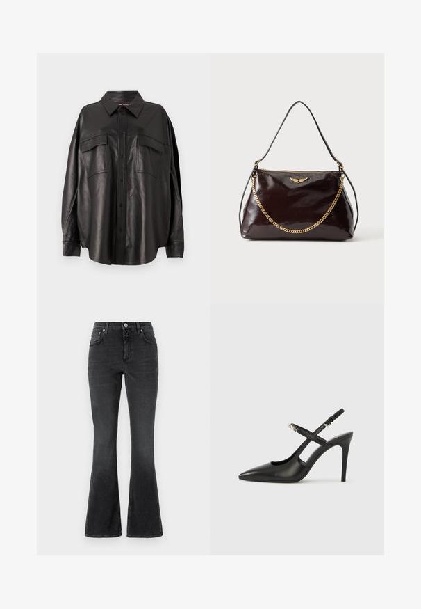 Mustat nahkapaita, jossa on napitettava etuosa, pitkät kaulukset ja kaksi rintataskua. Ulkonäkö on tilava ja pintamateriaali on sileä.; CLOSED JOVANNA - Slim fit -farkut - dark grey; Mustat nahkaiset slingback-korkokengät terävällä kärjellä, leikkausaukkokuviolla ja säädettävällä remmillä, jossa metalliset yksityiskohdat.; Tummanruskea kiiltävä nahkainen käsilaukku, jossa on kultainen siipimerkki, kultainen ketjukoriste ja ohut nahkainen olkahihna yksivärisellä taustalla.