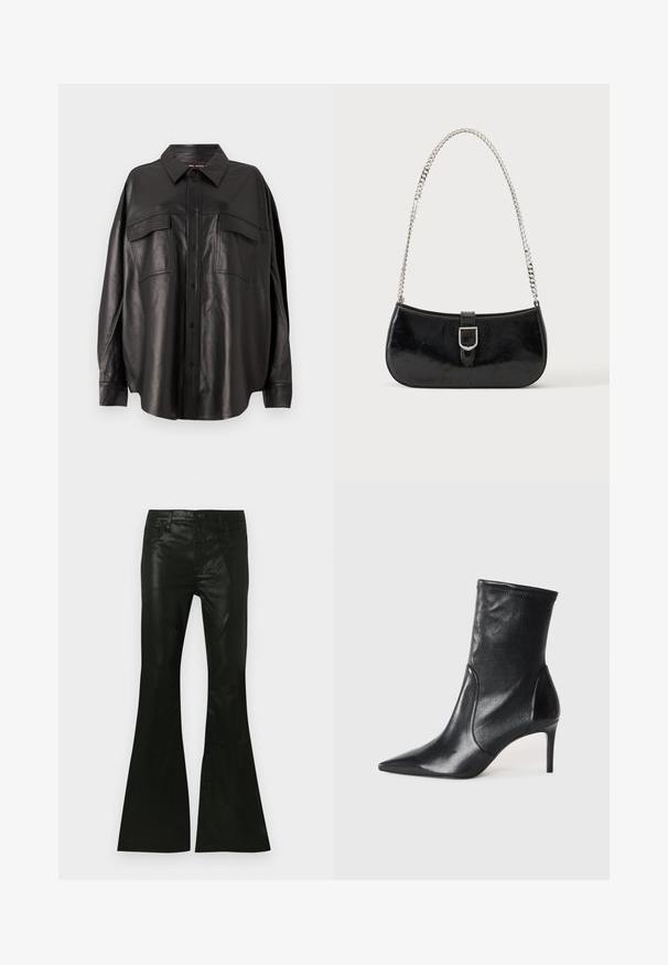 Chemise en cuir noir avec un devant à boutons, un col pointu et deux poches poitrine. Elle présente une coupe ample et une texture lisse.; Pantalon évasé noir en matériau brillant, doté d'une taille ajustée, d'un design à cinq poches et d'une fermeture à bouton à l'avant.; Bottes noires à la cheville en cuir lisse, dotées d'un bout pointu, d'un tige ajustée et d'un talon haut fin. Design minimaliste sans quincaillerie visible.; Sac à épaule en cuir verni noir avec détail de boucle argentée et bandoulière en chaîne argentée, présenté sur un fond uni clair.