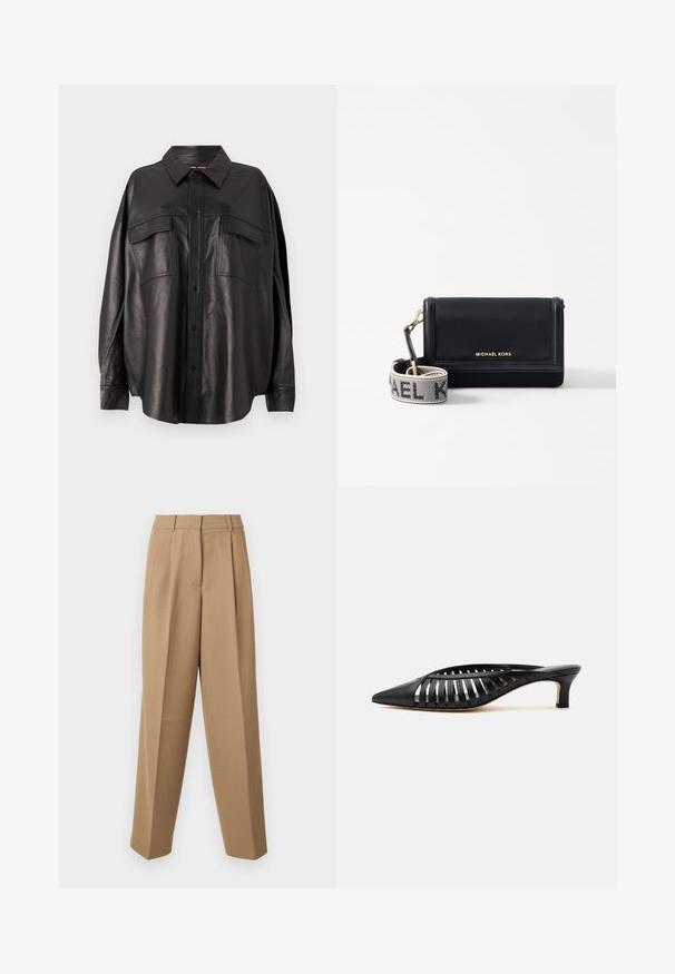 Camisa de cuero negro con cierre de botones en el frente, cuello puntiagudo y dos bolsillos en el pecho. Presenta un ajuste holgado y una textura suave.; Pantalones de sastre beige con cintura alta, frente plisado y corte de pierna ancha. La tela parece suave con un ligero brillo.; Zapato mule de cuero negro con punta afilada, diseño de tiras con recortes y tacón bajo tipo kitten sobre fondo blanco.; MICHAEL Michael Kors JET SET SM PHONE WBG XBODY - Bandolera - black