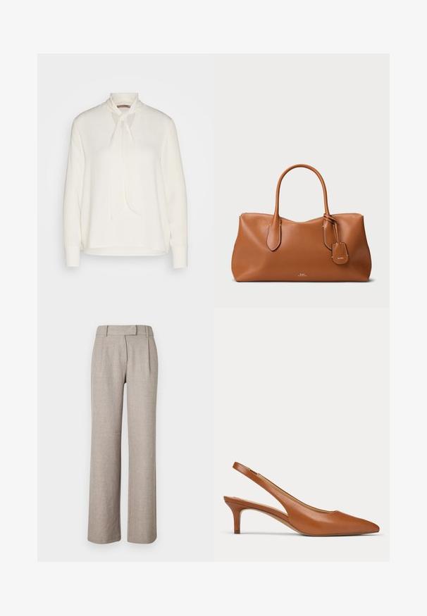 Blouse blanche à manches longues avec un design à col noué, présentant une texture lisse et une coupe décontractée. Simple et élégante, sans motifs supplémentaires.; Pantalons beiges ajustés en tissu texturé, présentant une coupe droite et des plis à l'avant. Pas de quincaillerie ni de motifs visibles.; Chaussure slingback en cuir marron avec petit talon, bout pointu et talon fin sur un fond clair uni.; Sac fourre-tout en cuir tan avec des poignées doubles arrondies, des accents de couture subtils, et une étiquette avec le logo. Texture lisse et design simple.