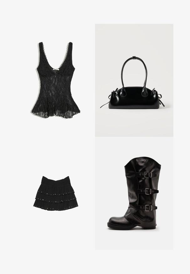 Haut sans manches en dentelle noire avec un décolleté profond en forme de U et un ourlet évasé, présentant un motif floral en dentelle et un tissu semi-transparent.; Mini-jupe noire à volants composée de trois couches avec de petites clous argentés le long des bords de chaque couche.; Botte en cuir noir mi-mollet avec bout rond et trois sangles réglables avec boucles métalliques sur le côté.; Petit sac à main noir brillant avec deux longues anses et des détails à cordon sur les côtés sur un fond clair uni.