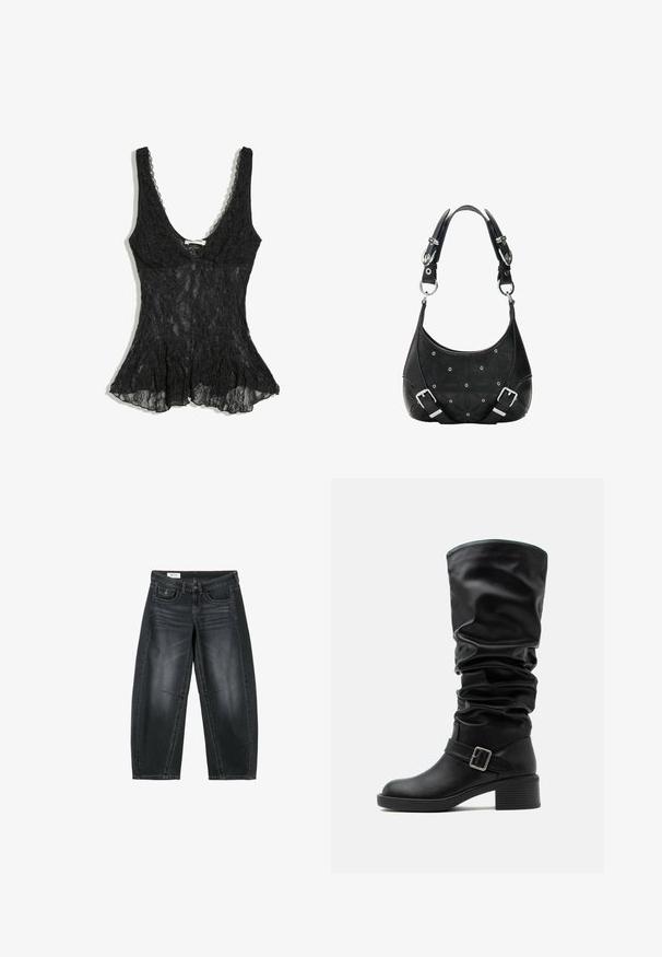 Haut sans manches en dentelle noire avec un décolleté profond en forme de U et un ourlet évasé, présentant un motif floral en dentelle et un tissu semi-transparent.; Jean large court noir avec poches avant, fermeture par boutons et détails décolorés subtils au niveau des cuisses et des genoux.; Botte haute en cuir noir avec tige souple, détail de bride et boucle, et talon bloc bas sur fond blanc.; Sac à bandoulière en cuir noir avec boucles et garnitures argentées, motif fleuri embossé et détails œillets à l'avant.